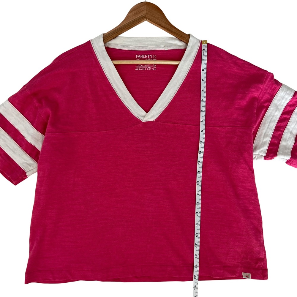 Faherty 100% Organic Cotton Hot Pink Sunwashed Slub Varsity V Neck Tee SZ XL - Picture 12 of 12